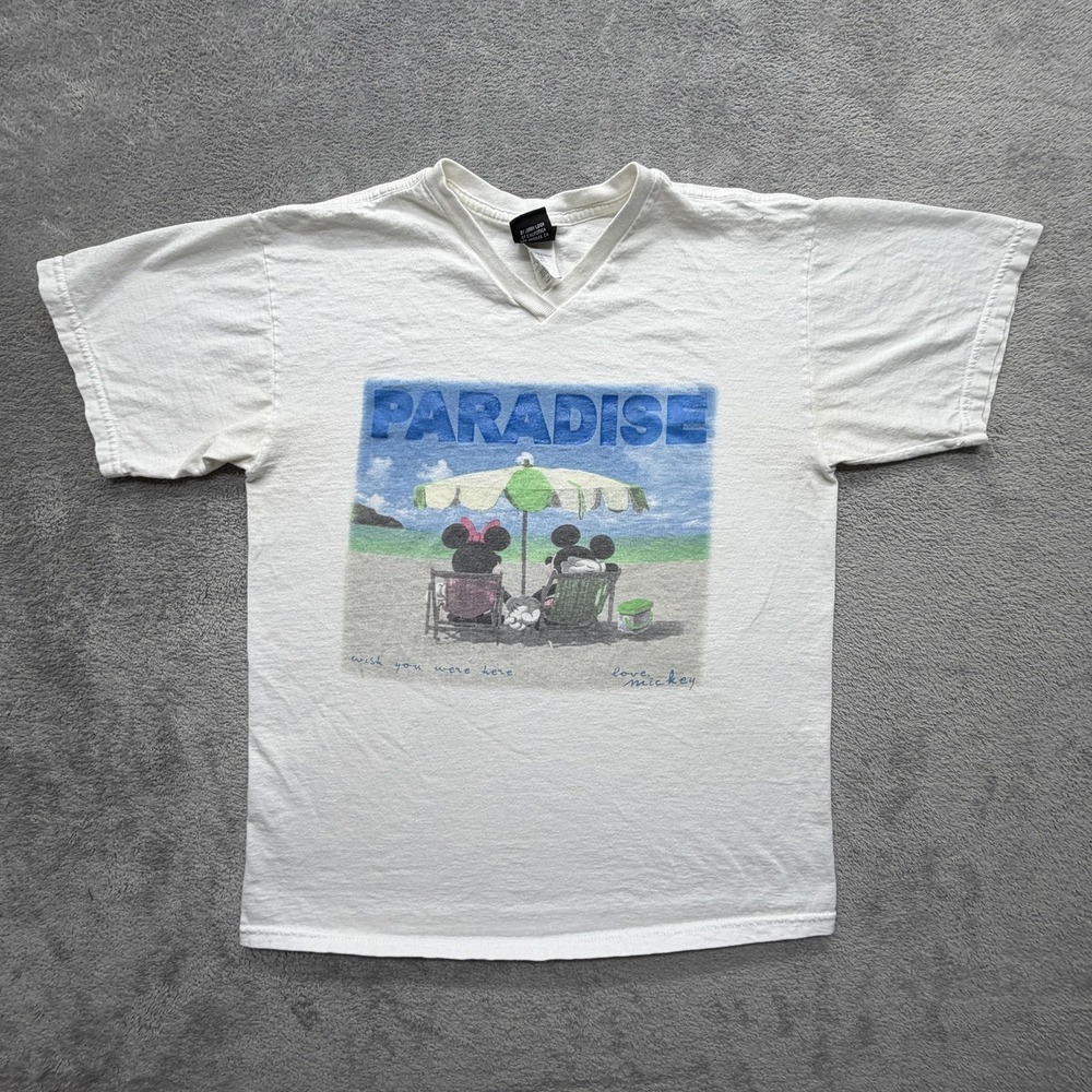 Mickey Unlimited Shirt Mens M White V-Neck Paradise Mickey Graphic Tee